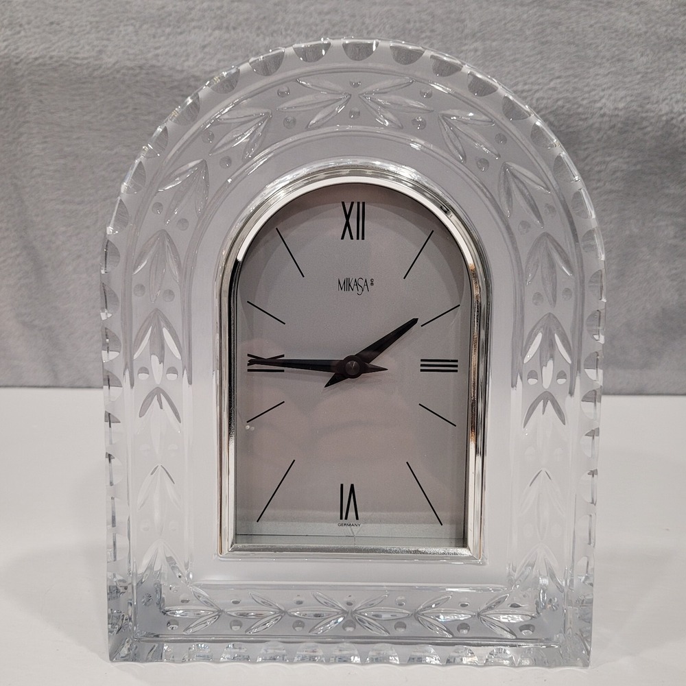 Mikasa Crystal Mantel Clock Arched Floral Etched Glass Germany Desk Clock 9.75in